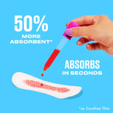 Hand holding an applicator with red liquid over a Carefree liner with text '50% more absorbent vs. Carefree Thin, absorbs in seconds'