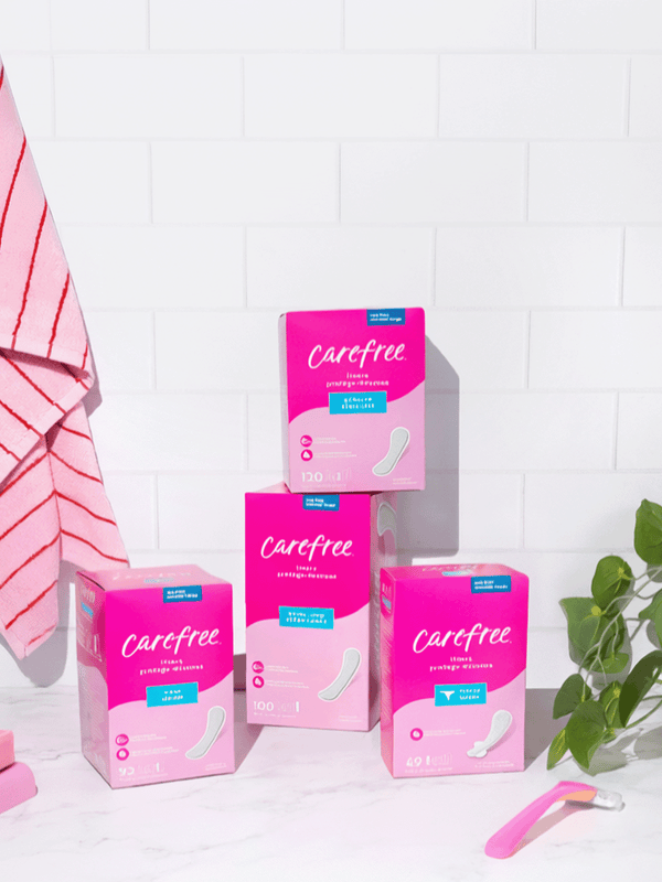 Carefree liner products on a bathroom counter
