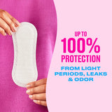 Person holding a Carefree liner with text 'Up to 100% protection from light periods, leaks, & odor'