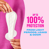 Person holding a Carefree liner with text 'Up to 100% protection from light periods, leaks & odor'