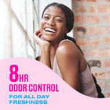 Woman smiling with text '8 HR ODOR CONTROL'